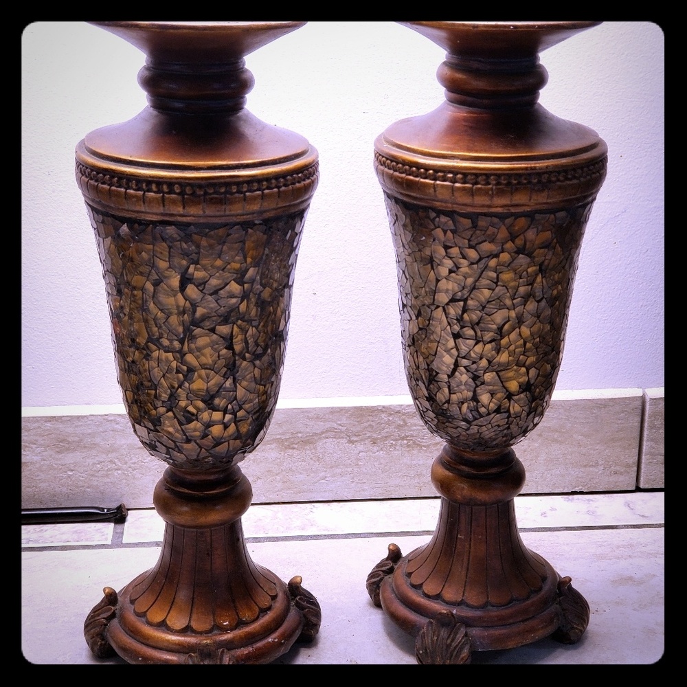 PAIR OF 2 Large crackle brown/gold candle holders